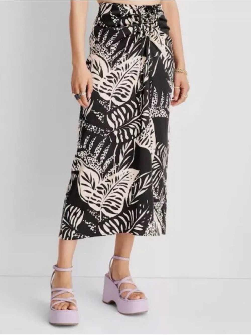 Black & Cream Tropical Print Satin Maxi Skirt